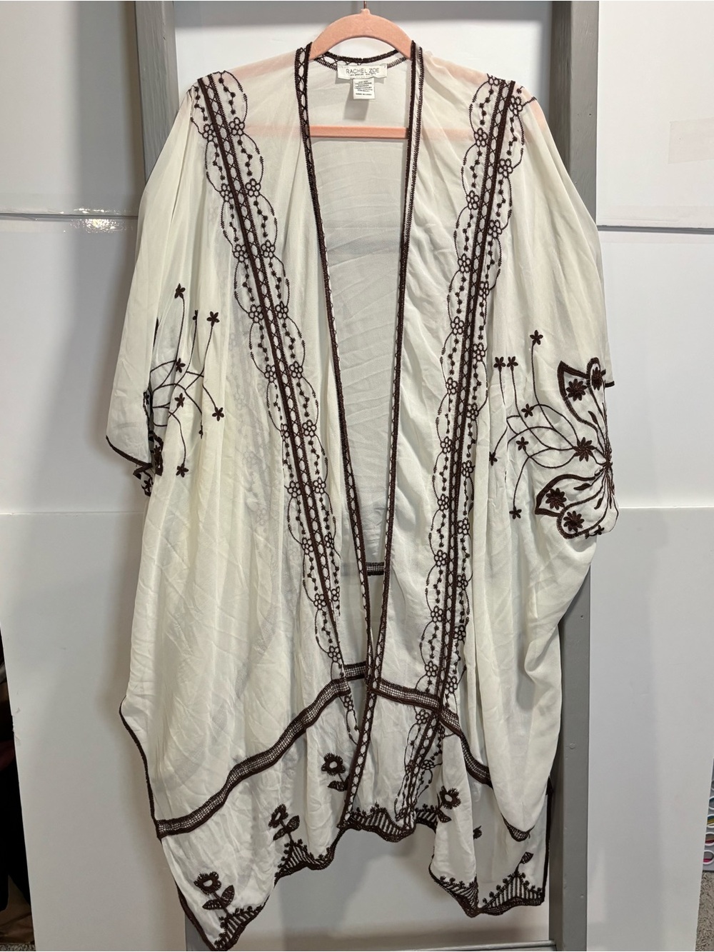 Rachel Zoe OS Sheer Embroidered Kimono Brown Accents, bohemian, fairy,whimsigoth